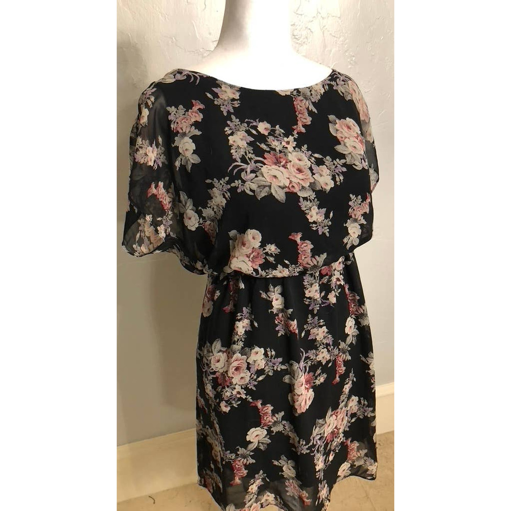 Black, Sage Green and Pink Floral Chiffon Asymmetrical Dress